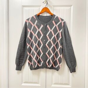 Vintage Wool Cashmere Argyle Button-Up Cardigan Pink Grey
